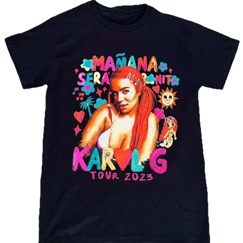 Karol G Manana Sera Bonito Tour 2023  T-Shirt Size Small Black Colorful Graphic